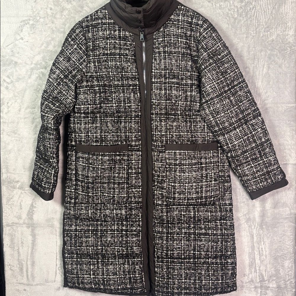 NWOT New Bernardo Black & White Wool Tweed Blend Heavy Puffer Jacket Size Large